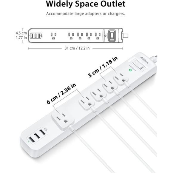 2 Pack Power Strip Surge Protector - 5 Outlets 3 USB Charging Ports w/ 5Ft,White - Picture 4 of 7